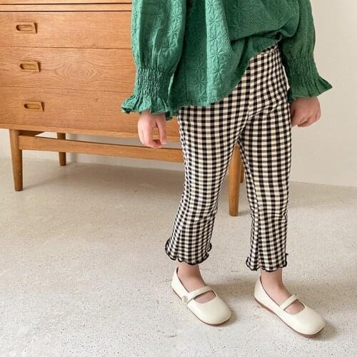 2021 New Spring Korean Style Baby Girls Knitted Elastics Flare Pants Fashion Plaid Kids Skinny Ankle-length Trousers