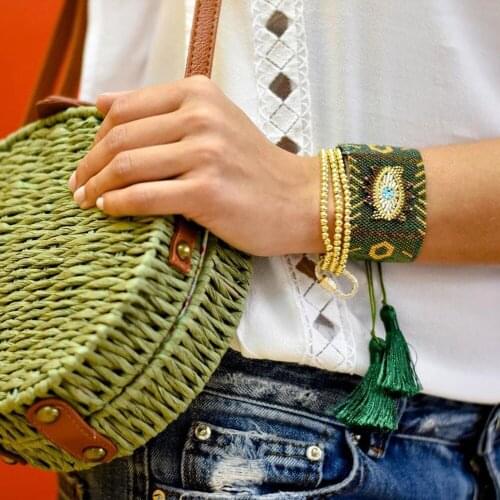 New Women Miyuki Rice Bead Bracelet Retro Ethnic Turkish Evil Eye Multilayer Bracelets Handmade Beaded Tassel Pendant Bangle