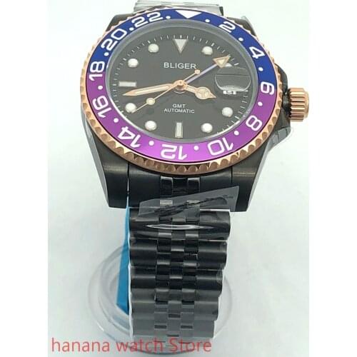 Bliger 40mm luxury watch black dial saphire glass blue and purple spin Bezel GMT Automatic movement luminous mens watches