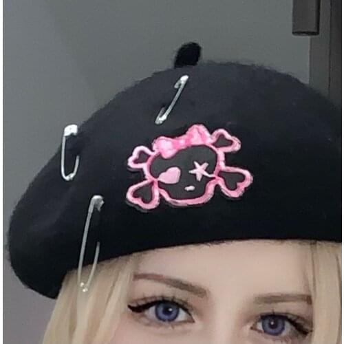 Ruibbit Hot Girl Sweet Cool Japanese Gothic Girl Punk Rock Print Skull Black Berets Hat Woman Casual Caps Fashion Hats