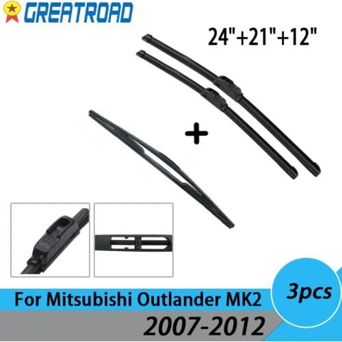 Wiper Front & Rear Wiper Blades Set Kit For Mitsubishi Outlander MK2 2007-2012 2008 2009 2010 Windshield Windscreen 24"+21"+12"