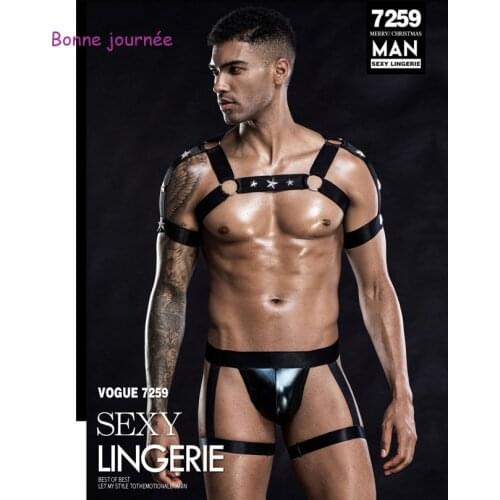 Sexy Mens BDSM Adult Black Bondage Cosplay Costume Lingerie Patent Leather Sissy Panties for Men Thongs and G Strings Microkini