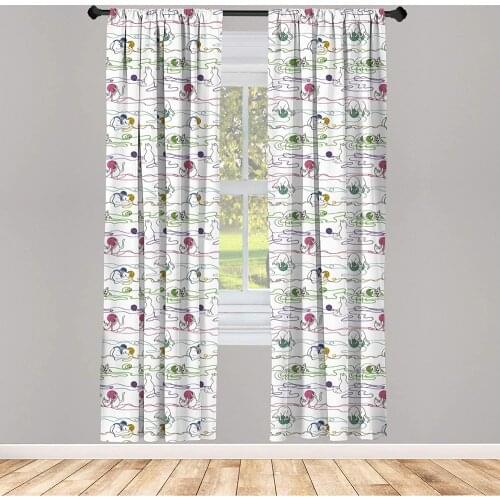 Kitten Curtains Hand Drawing Style Baby Cats Playing with Colorful Balls of Yarn Having Fun Window Treatments for Living Room