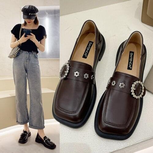 Women Loafers 2021 Autumn Square Toe Slip on Shoes Crystal Buckle Oxford Shoes Rivets Leather Casual Shoes Zapatos Mujer 9369N