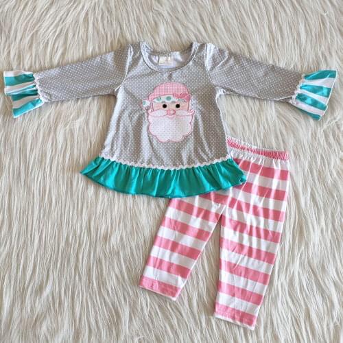 High quality kids winter long sleeve outfit baby girls festival boutique clothing set with applique Santa