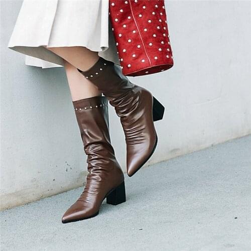 YMECHIC Vintage Brown Wine Red Pleated Rivet Pointed Toe Chunky Block High Heels Mid Calf Boots Women Autumn Winter Shoes 2108