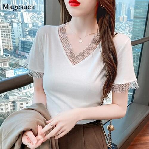 2021 Summer V-neck Loose Women Shirt White Korean Short Sleeve Womens Blouse Fashion Hollow Plus Size Women Tops Clothing 13592