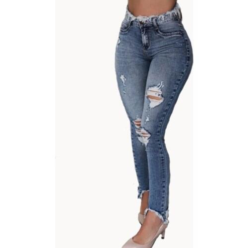 Women`s Fashion Blue High Rise Skinny Distressed Washed Stretch Tassels Denim Jeans For Women Ripped Pants S M L XL XXL XXXL