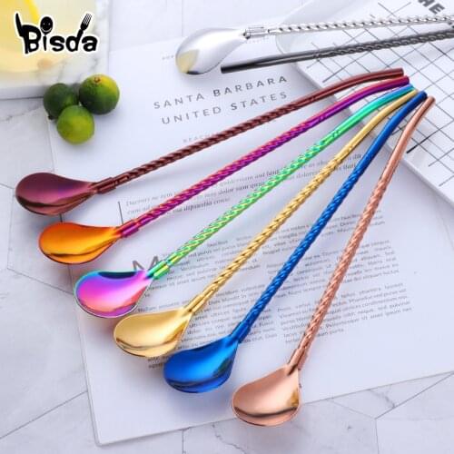 8Pcs Long Twisted Straw with Big Spoon long handle Bar-ware Cocktail Drinking Utensils with Cleaner Brush Tea Party