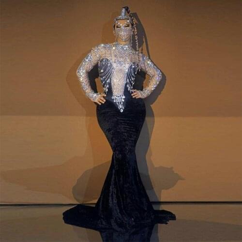 Sparkly Stones Velvet Dresses for Women Sexy Evening Costume Dresses Dance Stage Wear Female Singer Birthday Black Dress Stretch