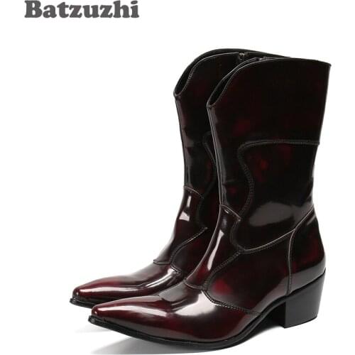 Batzuzhi Western Cowboy Mens Boots Wine Red Leather Boots Medium Calf Pointed Toe 6.5cm Heels Motorcycle Military Boots, US6-12