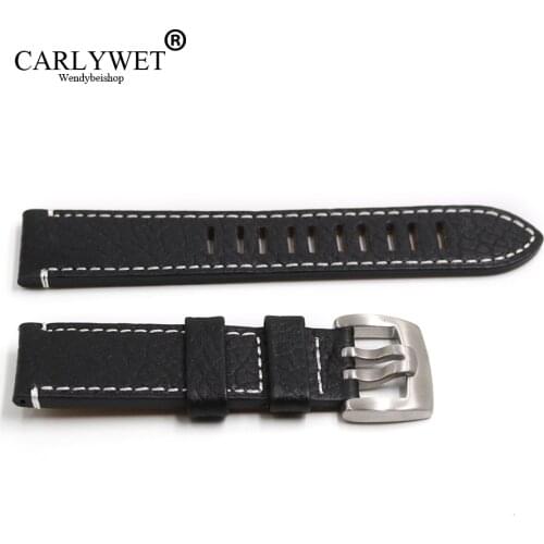 CARLYWET 23mm Wholesale Real Leather Black Handmade Thick Vintage Wrist Watch Band Strap Belt With Double Tongue Pin Buckle