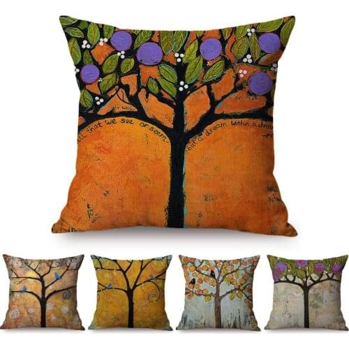 Life Tree Oil Painting Art Cushion Cover Love Bird Owl Bough Landscape Decoration Sofa Throw Pillow Case Cotton Linen Pillowcase