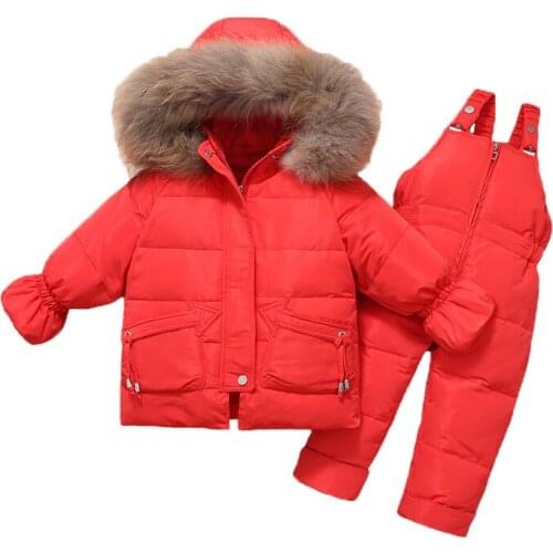 Infant snowsuit Winter jumpsuit for children 2pcs set Baby down coat for girl Toddler Overalls hooded fur collar warm