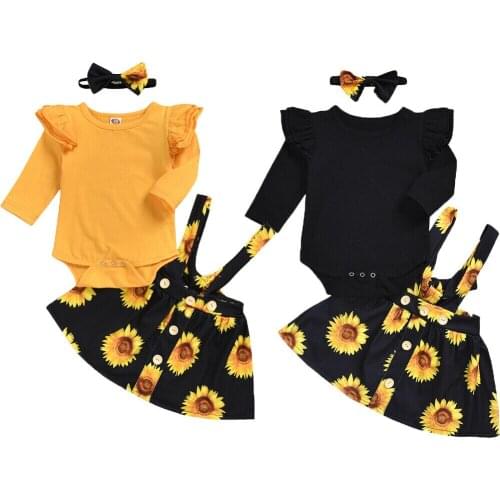 Toddler Baby Girls Outfits Solid Color Long Sleeve Romper Sunflower Floral Suspender Skirt Headband Ruffle 3PCS Clothes Set