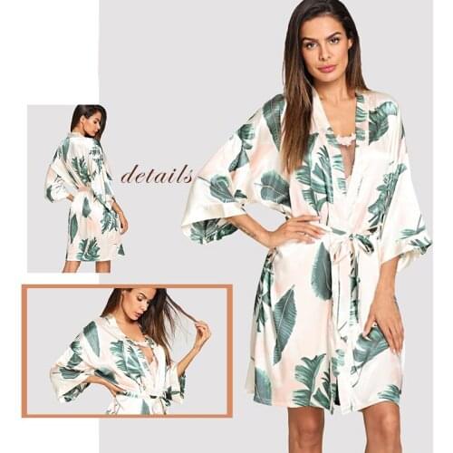 AECU Tropical Plant Print Robe V Neck Belted Women Half Sleeve Sleepwear Elegant Satin Dressing Gown Bathrobe Home Pajamas