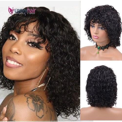 Short Bob Wigs With Bangs Brazilian Remy Curly Human Hair Bob Wigs with Bangs 180 Density Glueless for Black Women Natural Color