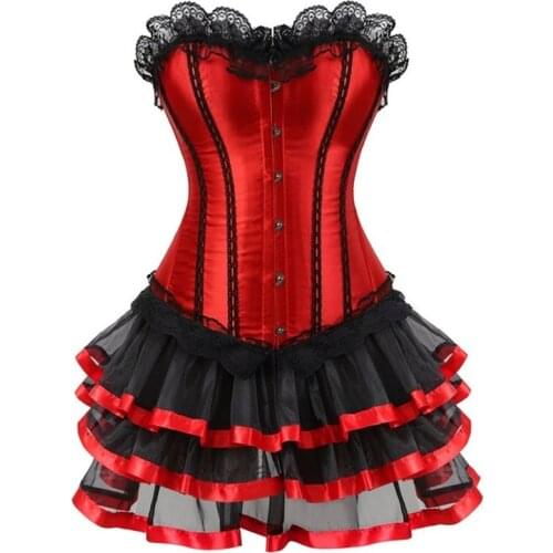 Red Corset Dress Women Overbust Corset and Black Tutu Skirt Set Plus Size Corset Sexy Costume Burlesque Outfit S-6XL