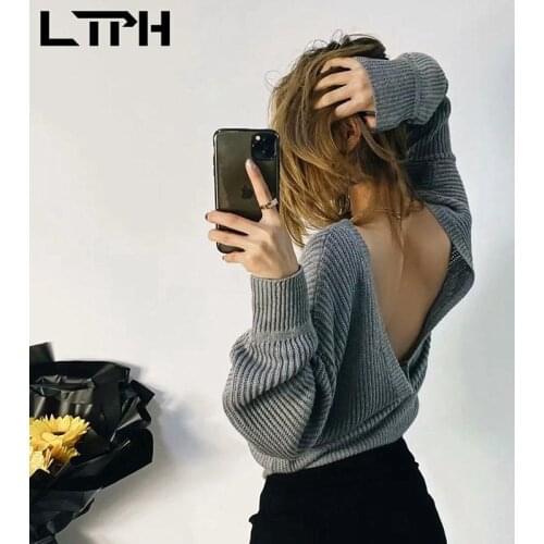 LTPH women sweaters sexy two wear V-neck big backless long sleeve top knitted pullovers solid casual jumpers 2021 autumn new