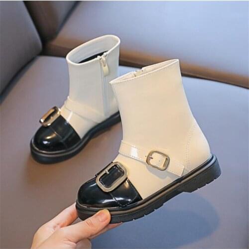 Fashion Belt Buckle Girls Martin Boots Side Zipper Girl Genuine Leather Thin Short Boot 2021
