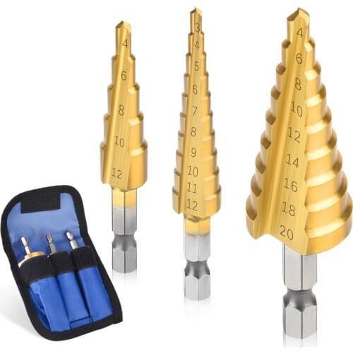 3Pcs Sets 3-12mm 4-12mm 4-20mm) 1Pcs 4-22mm HSS Straight Groove Step Drill Bit Titanium Coated Wood Metal Hole Cutter Drilling