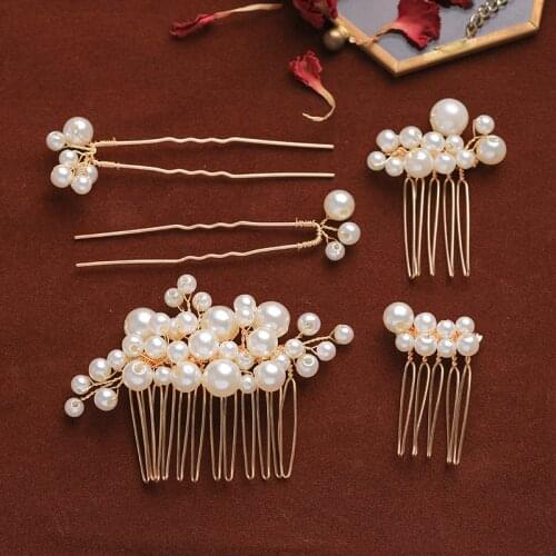 5 Pcs Tiara Hair Combs Pins Sets Gold Pearls Cheap Wedding Hair Accessories For Girl Party Pageant Bridal Women Hair Jewelry