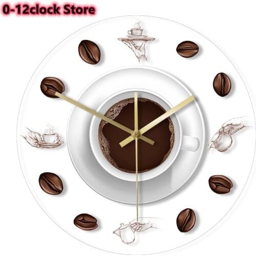Modern Design Cafe Coffee Mug Reloj De Pared Kitchen Acrylic Wall Watch Coffee Hand Coffee Beans Wall Clock with LED Backlight