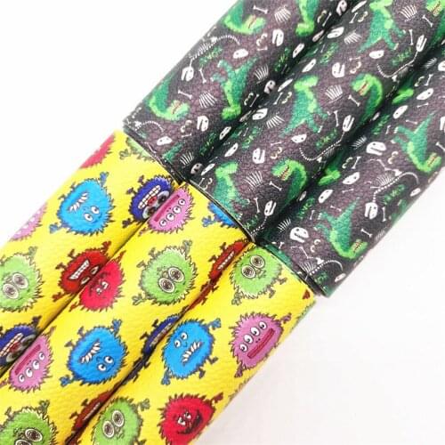 Onefly Wholesales Dropshipping Leather Supplier Halloween Monsters Dinosaur Printed Faux Leather Felt Backing Bow DIY FZ148