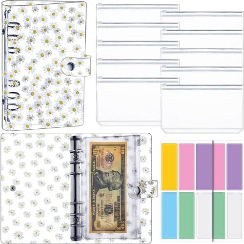Daisy A6 Binder Cover PVC 6-Ring Planner Notebook Shell Budget Binder with 12 Piece Zipper Envelope Pocket and Colorful Stickers