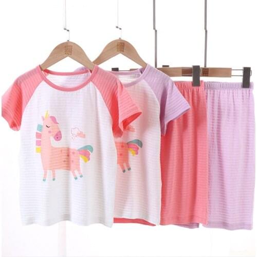 Children Cartoon Unicorn Bamboo Cotton Short Sleeve Pajama Sets Summer T-Shirt Shorts 2PCS Teens Girls Boys Homewear Nightdress