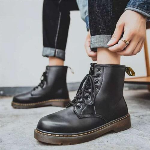 Martin Boots Men Women Fashion Retro Short Leather Boots Street Style Lace Up High Top Tooling Shoes Big Size Couple Shoes