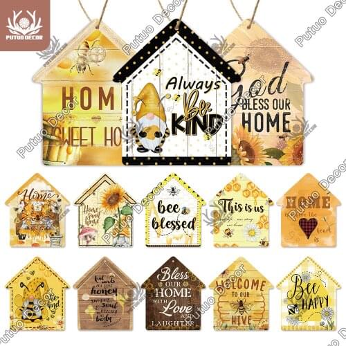 Putuo Decor Bees Small House Wood Sign Honey Hanging Sign Wood Plate for Home Decoration Living Room Honeycomb Wall Decor