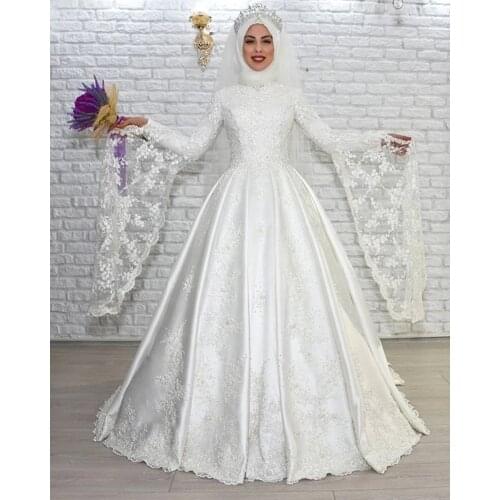 2020 Luxury Muslim A Line Wedding Dress High Neck Long Flare Sleeves Lace Satin Bride Dresses Arabic Islamic Vestido De Noiva