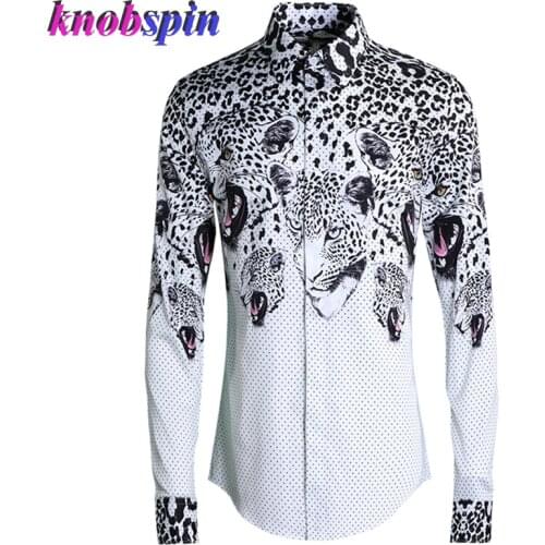 Polka dot leopard head Print Shirt men Turn-down collar full sleeve pure Cotton Slim Casual Business male Dress shirts 4XL