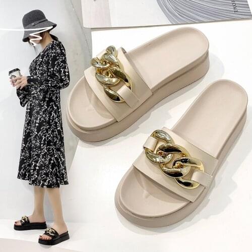Shoes Ladies' Slippers Slipers Women Luxury Slides Platform Med Flat 2021 Soft Summer Designer PU Chain Shoes Womens Slippers Ou