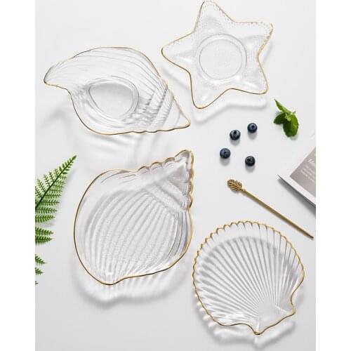 Golden border glass plate DIY sea conch scallop jewelry storage salad plate dessert bowl dinner plates Sushi plate sashimi plate
