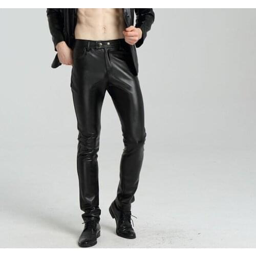 Street personality fashion motorcycle faux leather pants mens feet pants youth casual pu trousers for men pantalon homme black