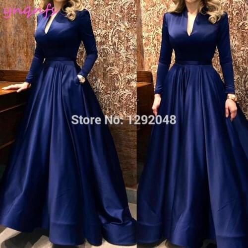 YNQNFS MA31 Vintage Satin Pockets A-line V Neck Long Sleeves Royal Blue Mother of the Bride Groom Dresses Plus Size 2020