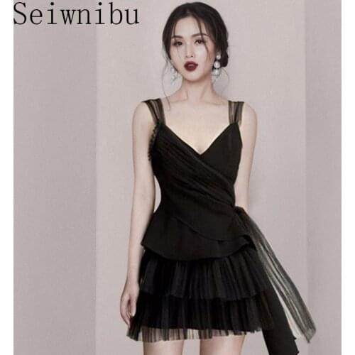 Vintage Black Vestidos Summer Slim Irregular Mini Strap Cloth Mesh Patchwork Sleeveless Layered Club Sexy Two Piece Dress
