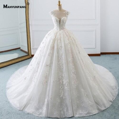 High-End Cap Sleeve Chapel Train Lace Up Back Bridal Ball Gown 100% Real O-Neck Embroidery Appliques Tulle 3D Wedding Dress