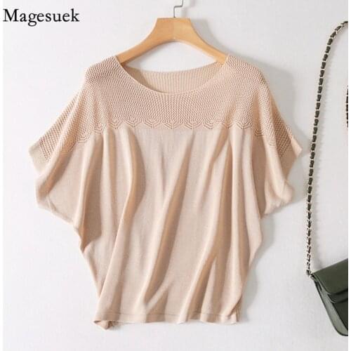 Summer 2021 Casual Hollow Knitted Shirt Women Batwing Sleeve O Neck Thin Ice Silk Woman Blouses Plus Size Vest Tops Blusas 13530