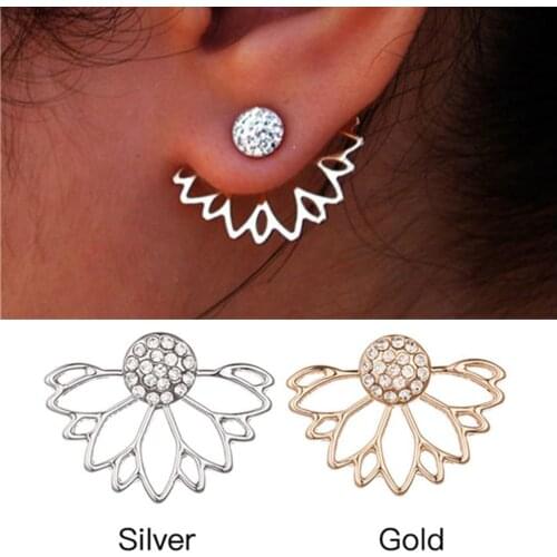 Flower Back Cuff Stud Earrings Full Crystal Lotus Ear Jewelry Double Sided Earrings for Women Statement Jewelry Studs