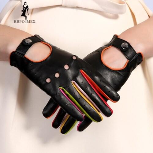 Womens Winter Genuine Leather Gloves 2017 New Fashion Brand Ladies Black Unlined Driving Gloves Goatskin Mittens EBPO MEX