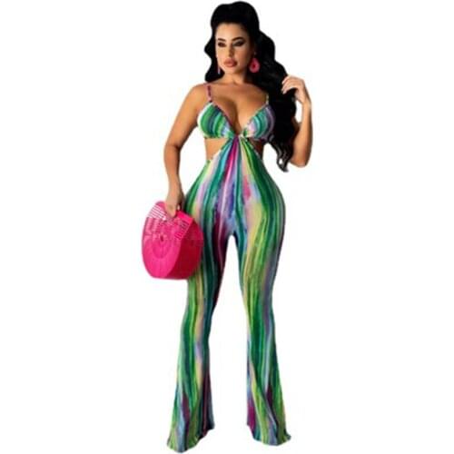 Ladies'jumpsuit Summer New Style Micro Pants Printing Contrast Color Sexy Striped Suspenders Halter High Waist Casual Pants
