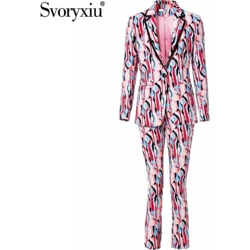 Svoryxiu Designer Autumn Winter Fashion Office Lady Two Piece Set Womens Elegant Print Single Button Blazer + Pants Suit XXL