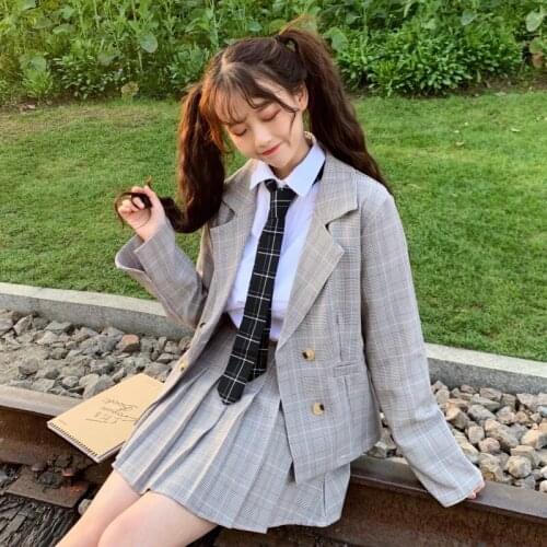 Suit Female Autumn New Korean Version of the Western Style Students Shirt Loose Plaid Coat JK Small Suit Pleated school skirt