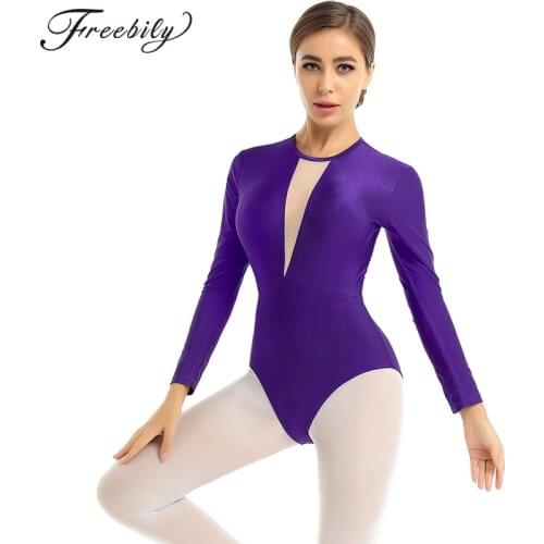 Women Round Neck Long Sleeves Open Back with Twist Straps Gymnastics Leotards Bodysuit Adult Stage Performance Ballet Dancewear