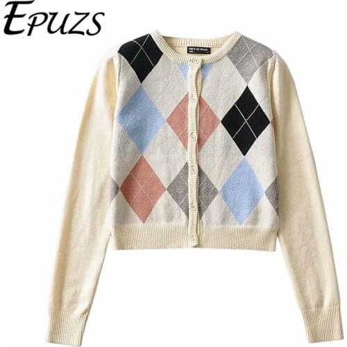 20221 Spring Vintage O-Neck Long Sleeve Argyle Cardigan Sweater Eurpean Style Beige Knitted Sweater Casual Loose Chic Sweater