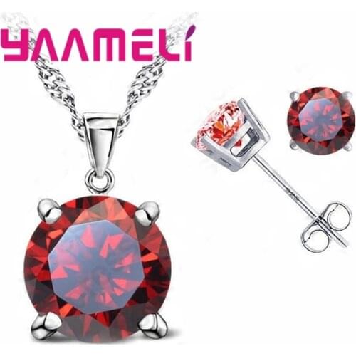 8 Colors Optional Simple Crystals 925 Sterling Silver Necklace Stud Earrings Jewelry Sets Best Birthday Gifts For Women