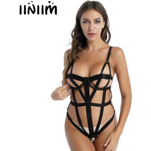 Black Women Exotic Costumes Hollow Out Elastic Harness Lingerie Leotard Bodysuit with Underwire Nightwear Open Crotch Jumpsuit